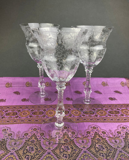 Antique Tiffin Franciscan Juice Glasses, Etched Cherokee Rose Pattern, Set of 5