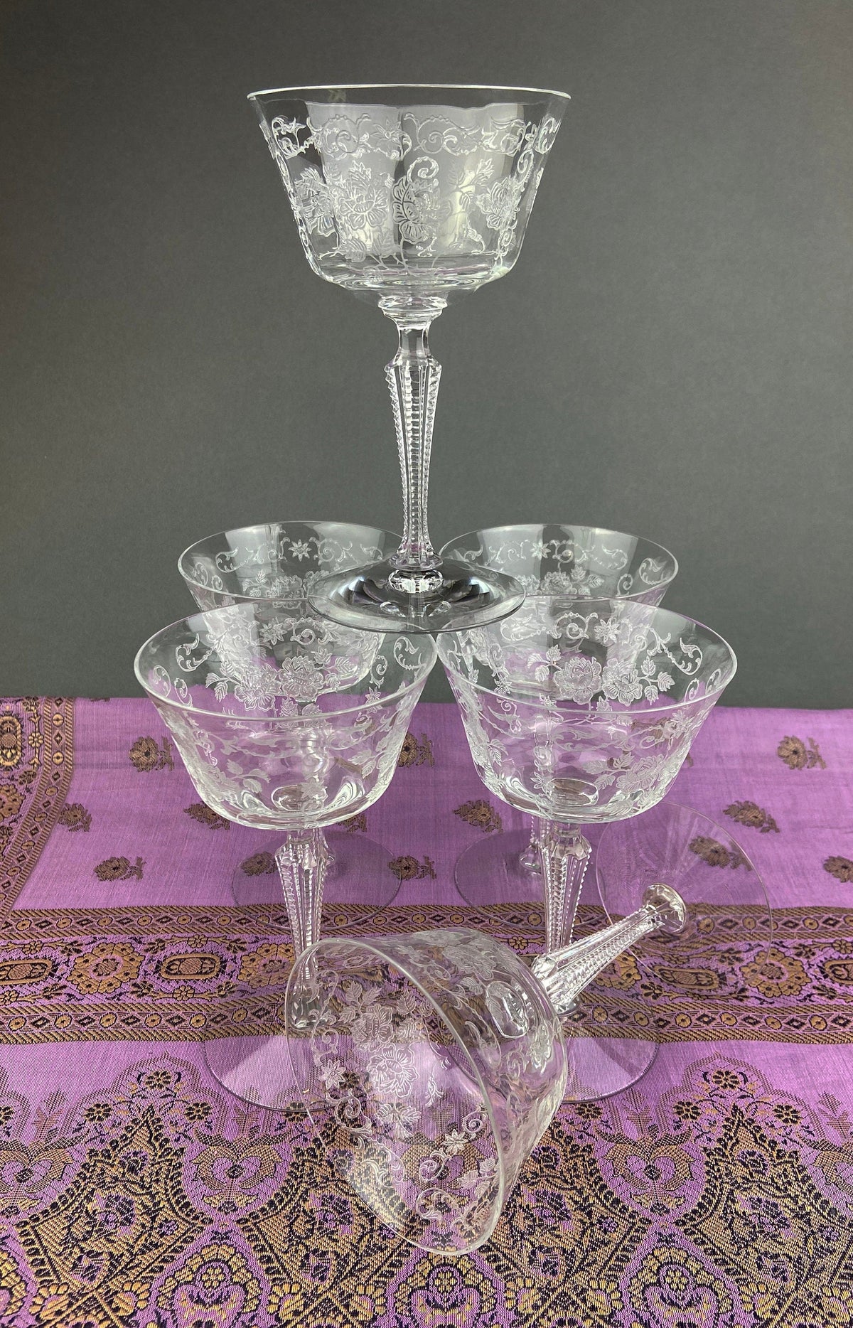 Antique Tall Sherbet Crystal Glasses by Fostoria. Etched Midnight Rose Pattern. Set of Six, 4 oz, Glassware. Replacements. Fine Dining.