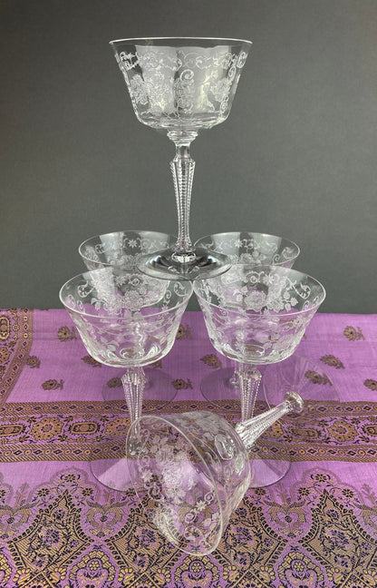 Antique Tall Sherbet Crystal Glasses by Fostoria. Etched Midnight Rose Pattern. Set of Six, 4 oz, Glassware. Replacements. Fine Dining.