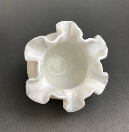 Small Milk Glass Vase With Ruffled Edge. Round Flower Vase. White Bedroom Decor. Collectible Milk Glass.