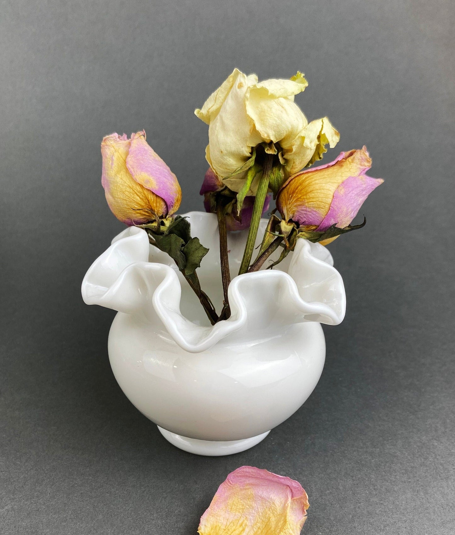 Small Milk Glass Vase With Ruffled Edge. Round Flower Vase. White Bedroom Decor. Collectible Milk Glass.