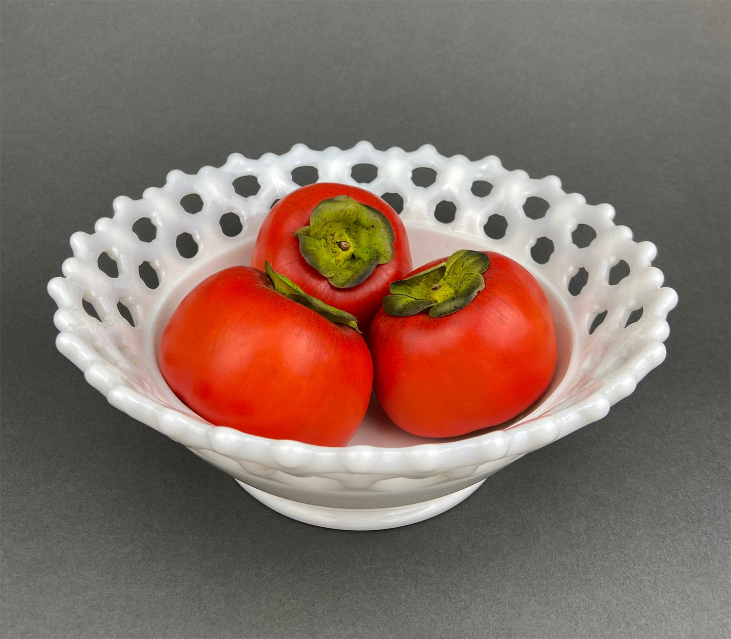 Vintage Milk Glass Footed Candy Bowl, Grape Motif, Ruffled Rim