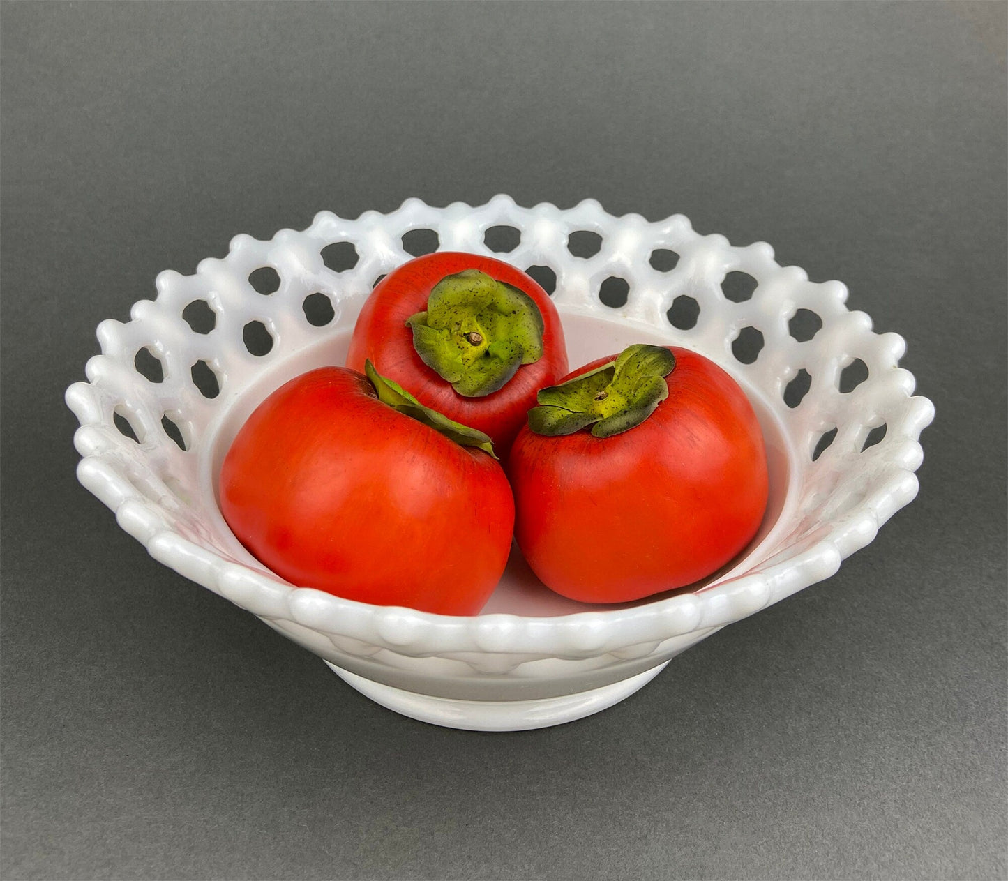 Vintage Milk Glass Bowl, Reticulated Lace Rim, White Table Centerpiece
