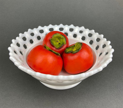 Vintage Milk Glass Bowl, Reticulated Lace Rim, White Table Centerpiece