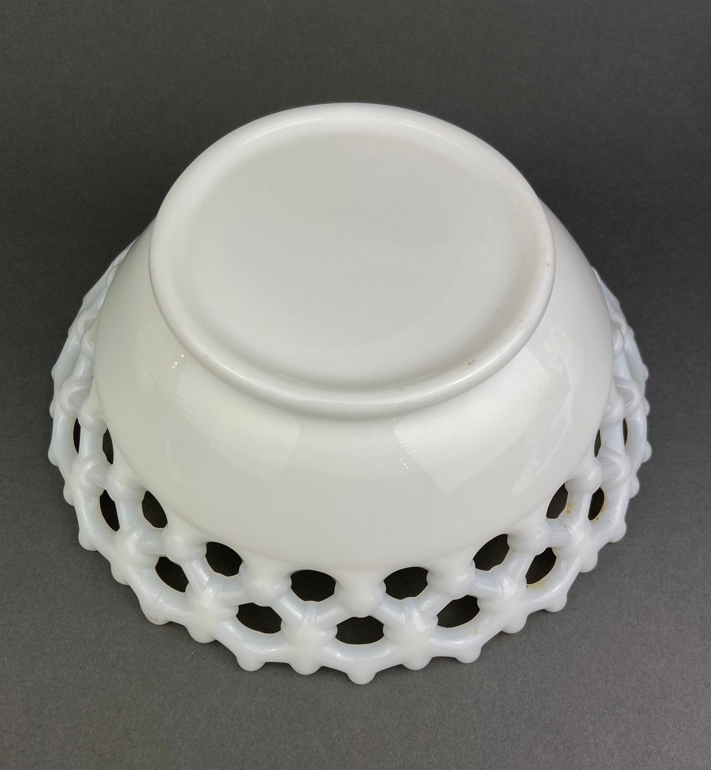 Vintage Milk Glass Bowl, Reticulated Lace Rim, White Table Centerpiece