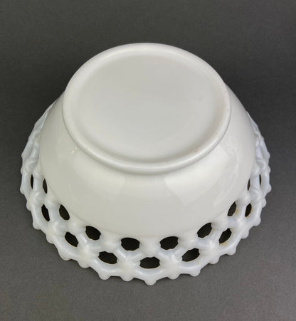 Vintage Milk Glass Bowl, Reticulated Lace Rim, White Table Centerpiece