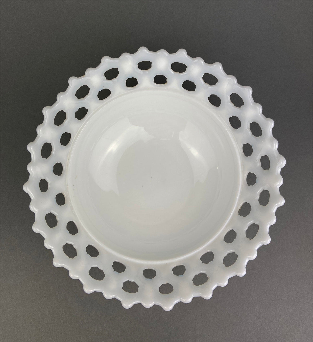 Vintage Milk Glass Bowl, Reticulated Lace Rim, White Table Centerpiece