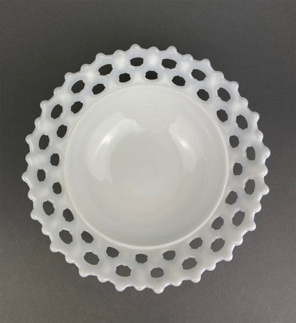 Vintage Milk Glass Bowl, Reticulated Lace Rim, White Table Centerpiece
