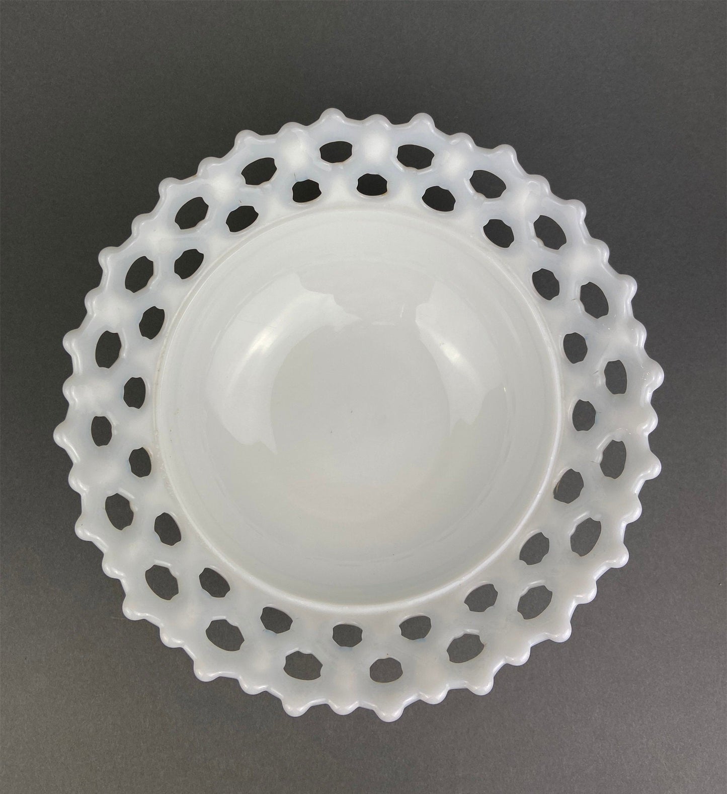 Vintage Milk Glass Footed Candy Bowl, Grape Motif, Ruffled Rim