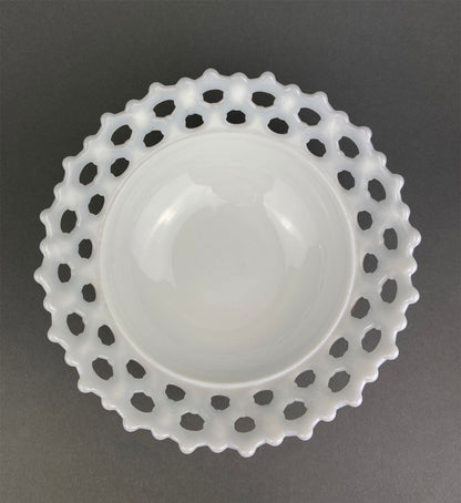 Vintage Milk Glass Footed Candy Bowl, Grape Motif, Ruffled Rim