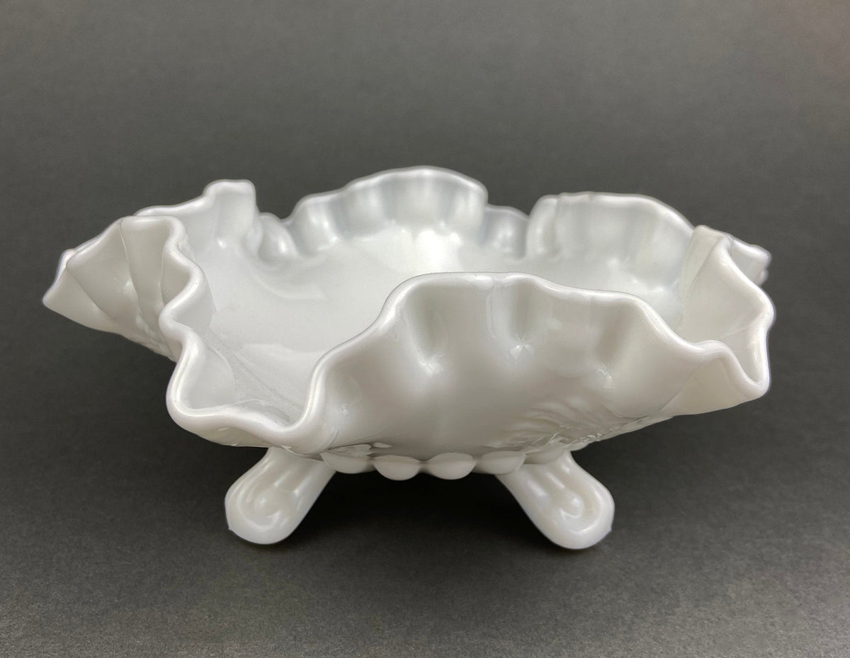 Vintage Milk Glass Footed Candy Bowl, Grape Motif, Ruffled Rim