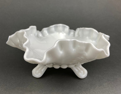 Vintage Milk Glass Footed Candy Bowl, Grape Motif, Ruffled Rim