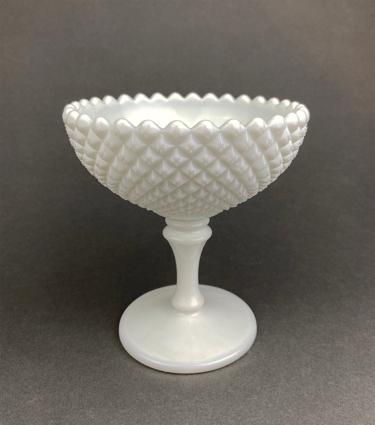 Vintage Milk Glass Compote or Footed Bowl. White Glass Candy Dish. Trinket Dish. Waffle Pattern with Scalloped Reticulated Edge.