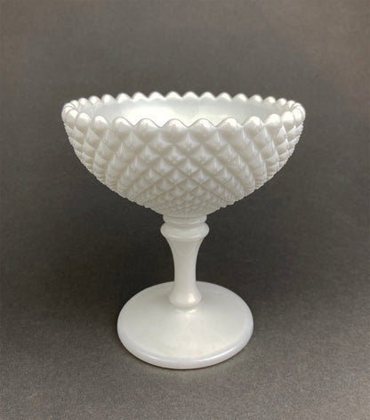 Vintage Milk Glass Compote or Footed Bowl. White Glass Candy Dish. Trinket Dish. Waffle Pattern with Scalloped Reticulated Edge.