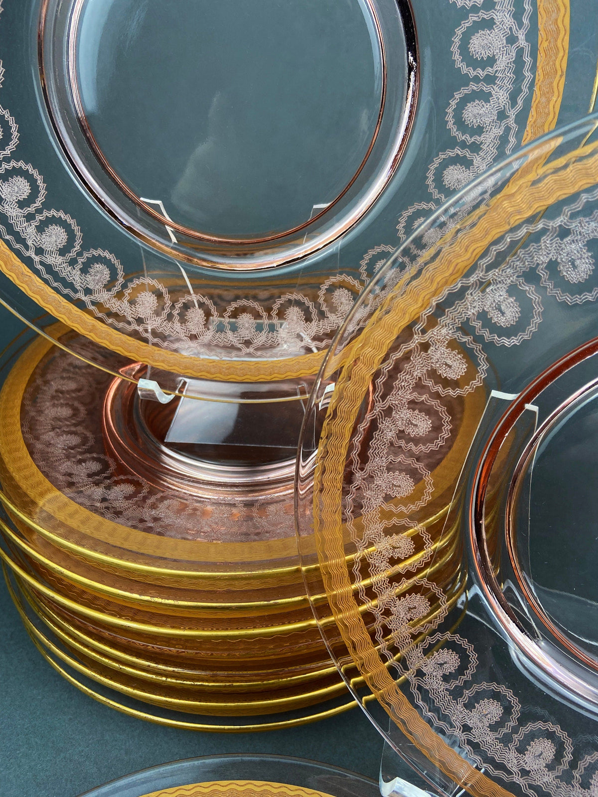 Antique Etched Pink Glass Dessert/Salad Plates With Gold Rims. Set of Five. Etched Star & Waffle Brim. Holiday Dining. Fine Dining.