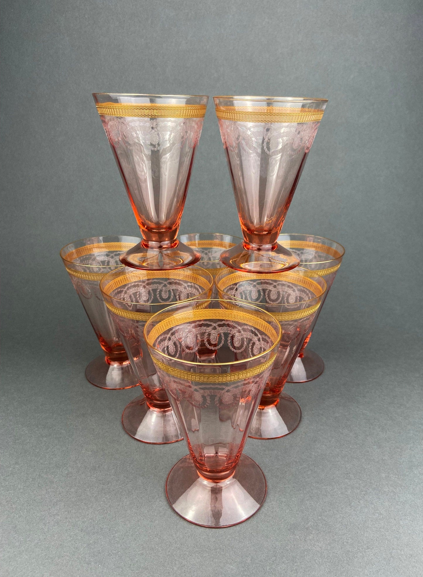 Antique Etched Pink Glass Dessert/Salad Plates With Gold Rims. Set of Five. Etched Star & Waffle Brim. Holiday Dining. Fine Dining.