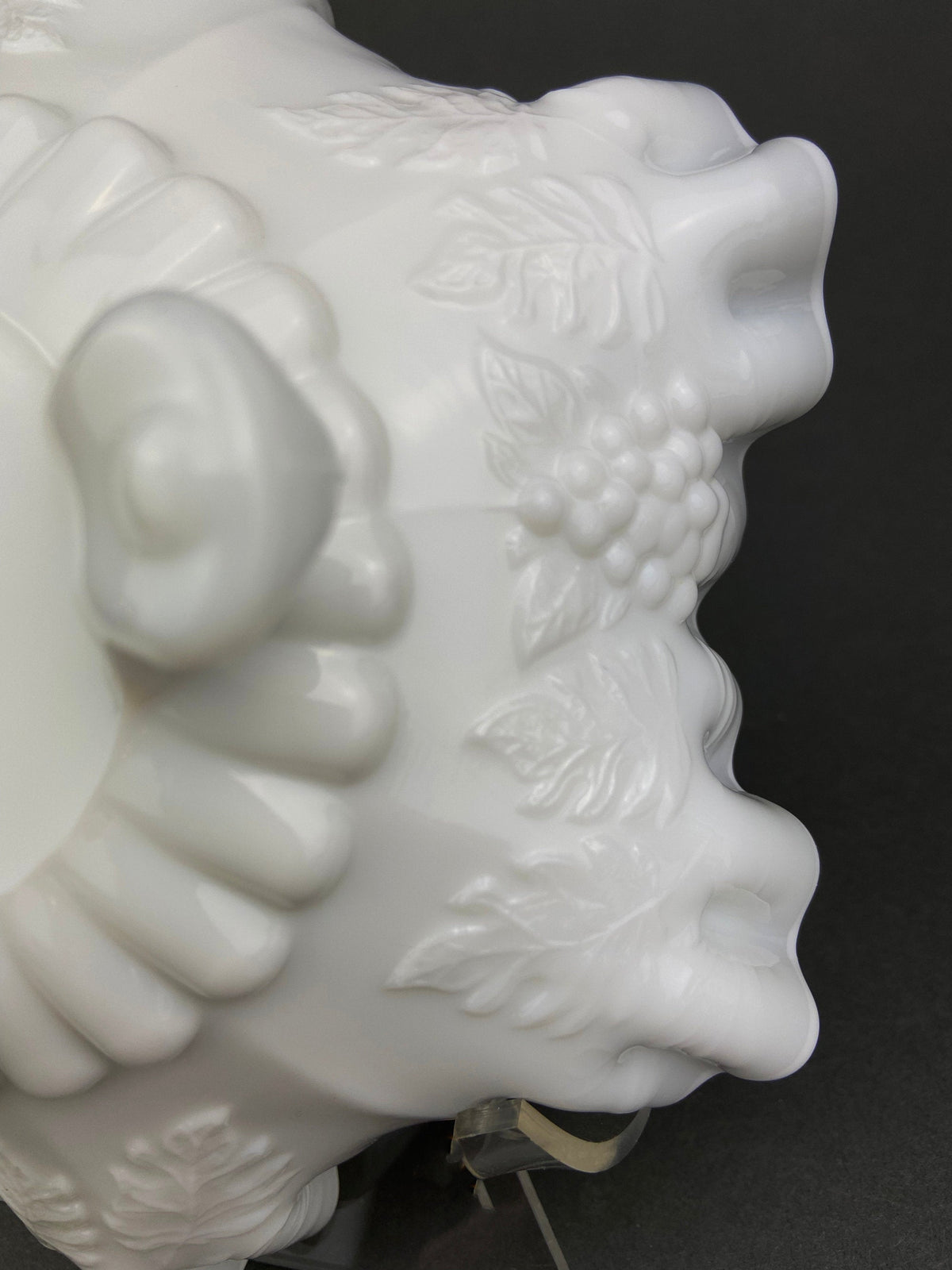 Vintage Milk Glass Footed Candy Bowl, Grape Motif, Ruffled Rim