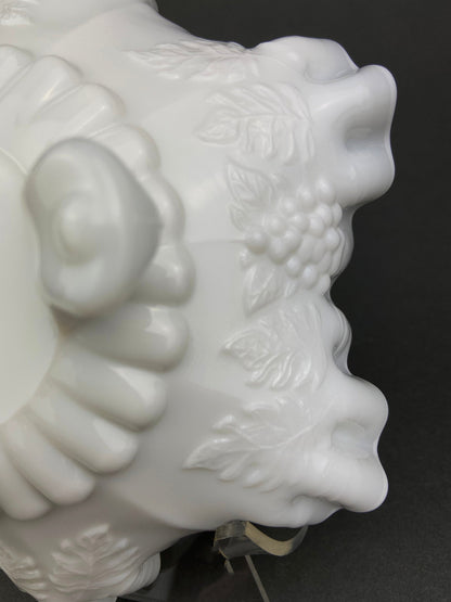 Vintage Milk Glass Footed Candy Bowl, Grape Motif, Ruffled Rim