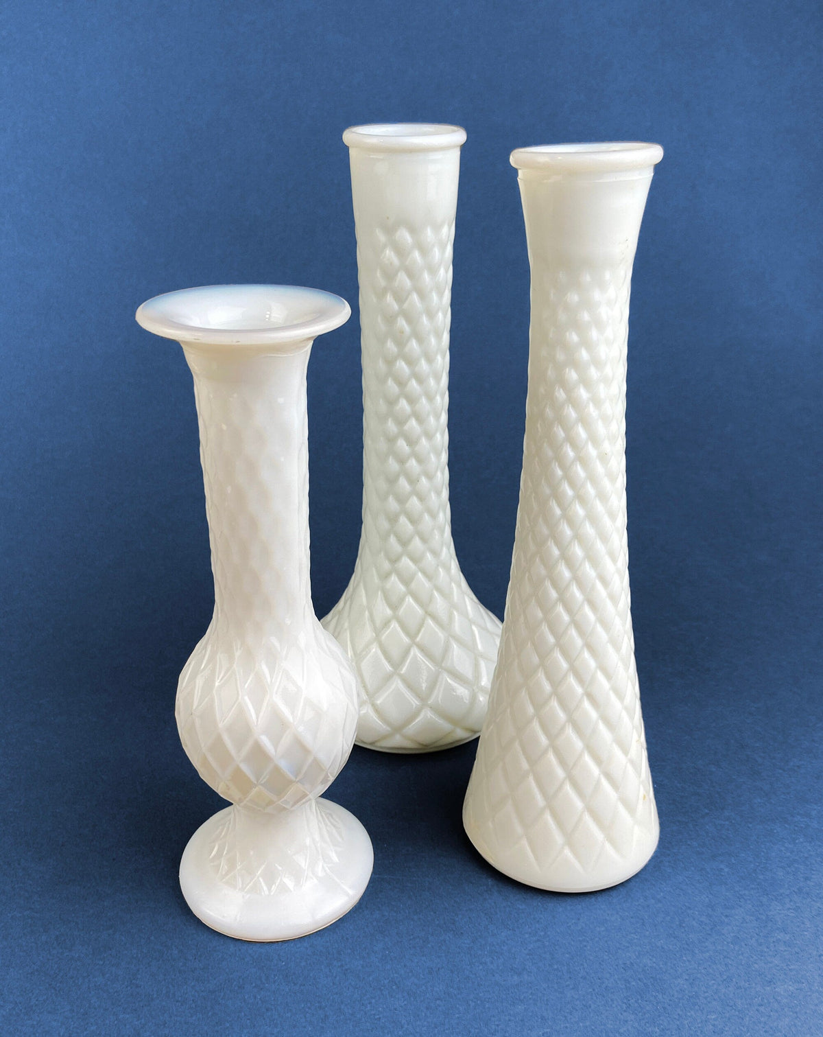 Milk Glass Vases. Collection of Three Differently Quilted & Shaped Flower Vases. Wedding Decor. Spring Celebration. White Fine Dining. Finie