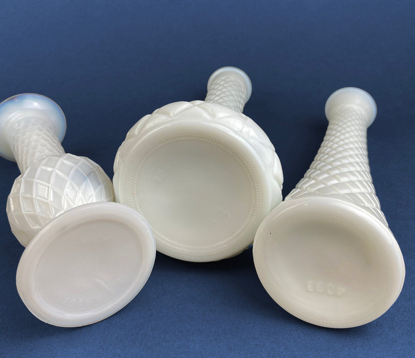 Milk Glass Vases. Collection of Three Differently Quilted & Shaped Flower Vases. Wedding Decor. Spring Celebration. White Fine Dining. Finie