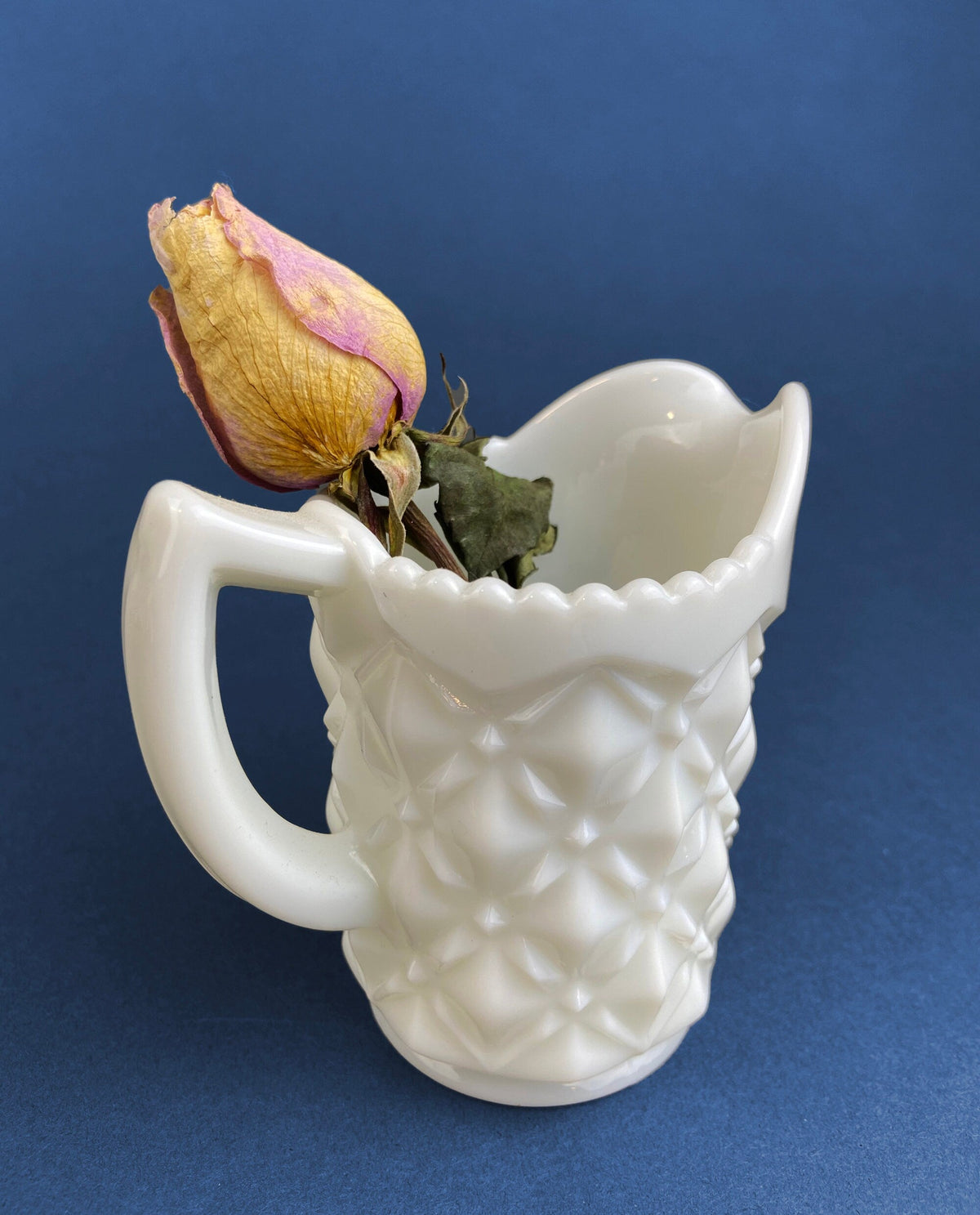 Vintage Milk Glass Creamer, Quilt Pattern Scalloped Edge