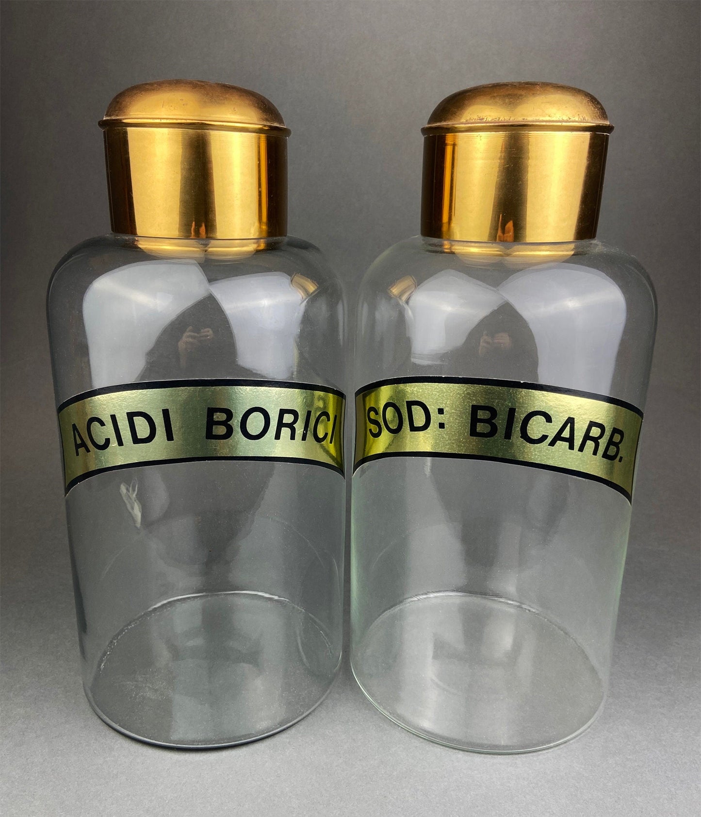 Vintage, Extra Large Apothecary Bottles. Italian, Boric Acid & Sodium Bicarbonate Jars with Brass Caps. Set of Two Apothecary Jars.