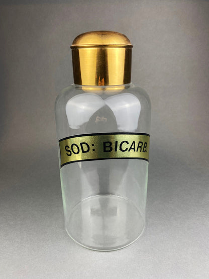 Vintage, Extra Large Apothecary Bottles. Italian, Boric Acid & Sodium Bicarbonate Jars with Brass Caps. Set of Two Apothecary Jars.