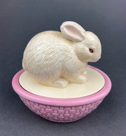 Cute Boy and Girl Bunnies Egg Cups. Rabbits with Blue and Pink Baskets. Set of Two Serving Dishes. Easter/Spring Celebration.