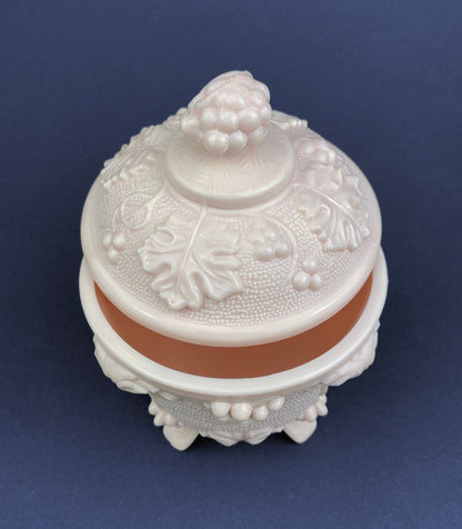 Pink Milk Glass Candy Dish with Lid, Grape Vine Motif