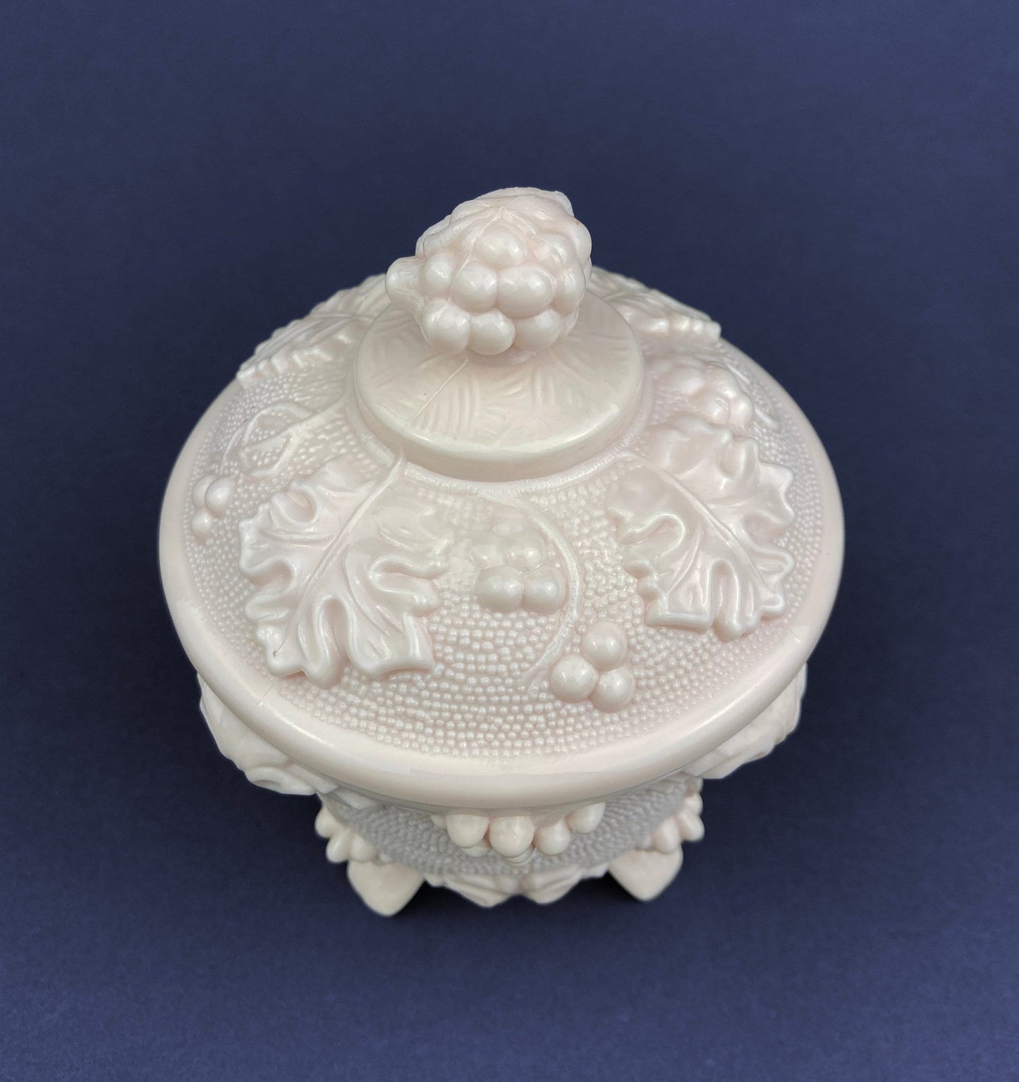 Pink Milk Glass Candy Dish with Lid, Grape Vine Motif