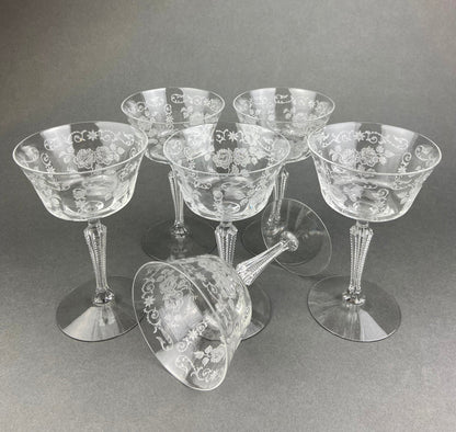 Antique Tiffin Franciscan Juice Glasses, Etched Cherokee Rose Pattern, Set of 5