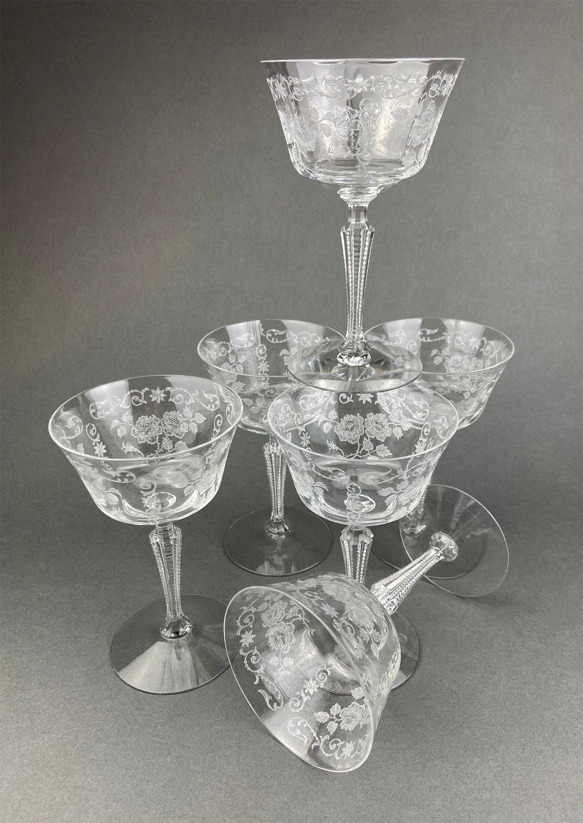 Antique Tall Sherbet Crystal Glasses by Fostoria. Etched Midnight Rose Pattern. Set of Six, 4 oz, Glassware. Replacements. Fine Dining.
