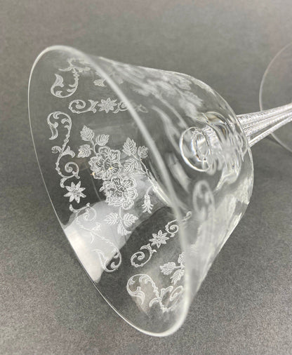 Antique Tall Sherbet Crystal Glasses by Fostoria. Etched Midnight Rose Pattern. Set of Six, 4 oz, Glassware. Replacements. Fine Dining.