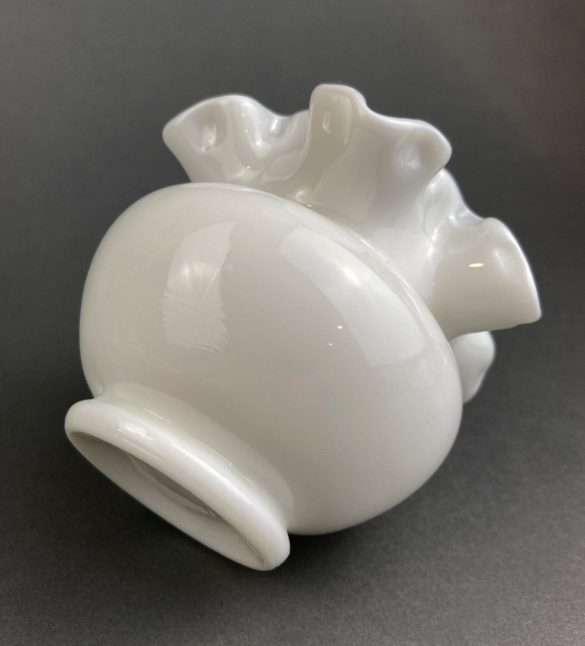 Small Milk Glass Vase With Ruffled Edge. Round Flower Vase. White Bedroom Decor. Collectible Milk Glass.