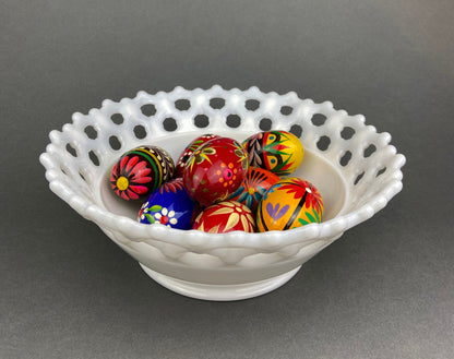 Vintage Milk Glass Bowl, Reticulated Lace Rim, White Table Centerpiece