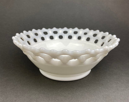 Vintage Milk Glass Bowl, Reticulated Lace Rim, White Table Centerpiece