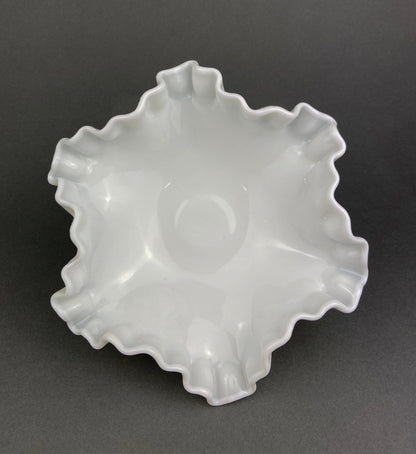 Vintage Milk Glass Footed Candy Bowl, Grape Motif, Ruffled Rim