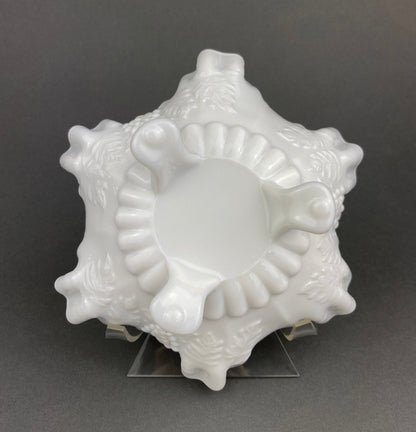 Vintage Milk Glass Footed Candy Bowl, Grape Motif, Ruffled Rim