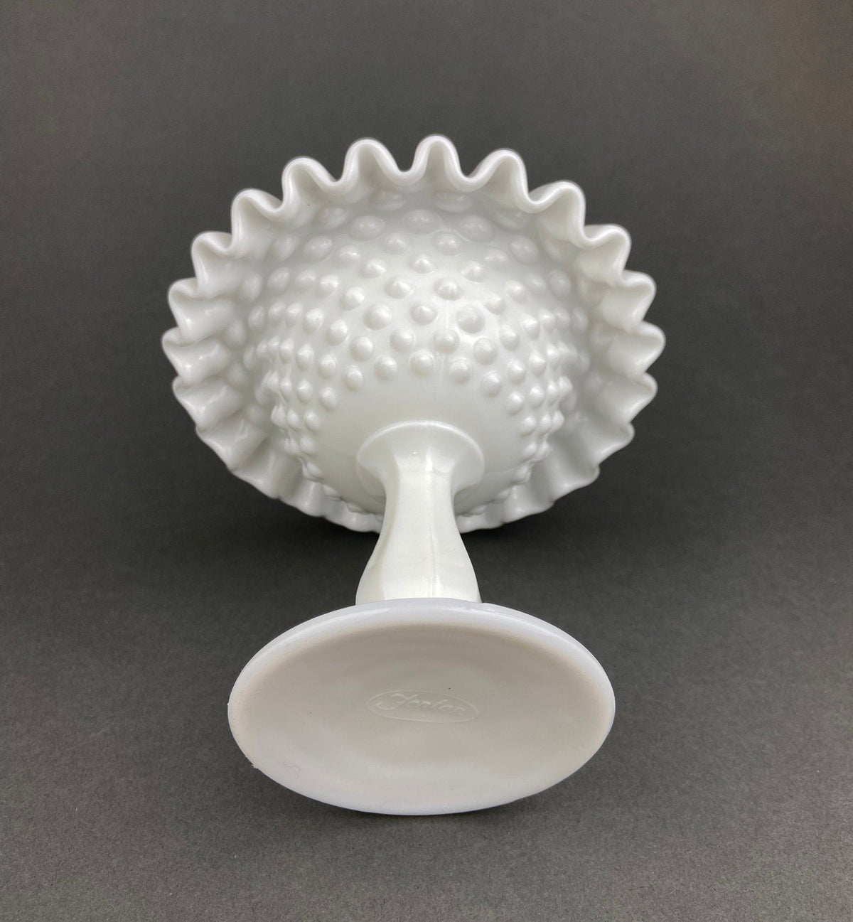 Vintage Fenton Milk Glass Candy Dish, Hobnail Ruffled Trinket Bowl