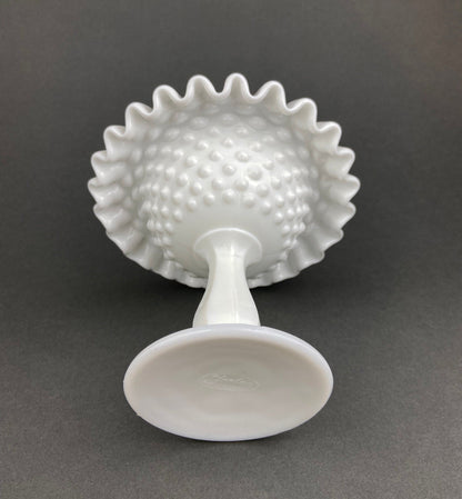 Vintage Fenton Milk Glass Candy Dish, Hobnail Ruffled Trinket Bowl