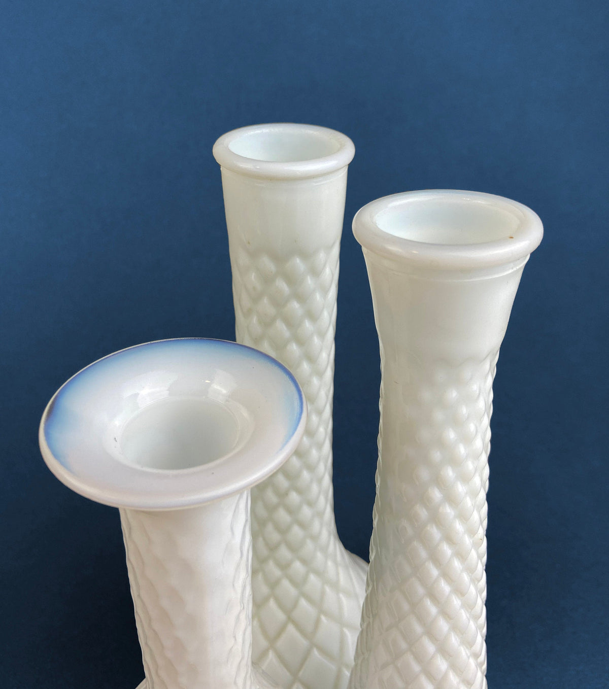 Milk Glass Vases. Collection of Three Differently Quilted & Shaped Flower Vases. Wedding Decor. Spring Celebration. White Fine Dining. Finie