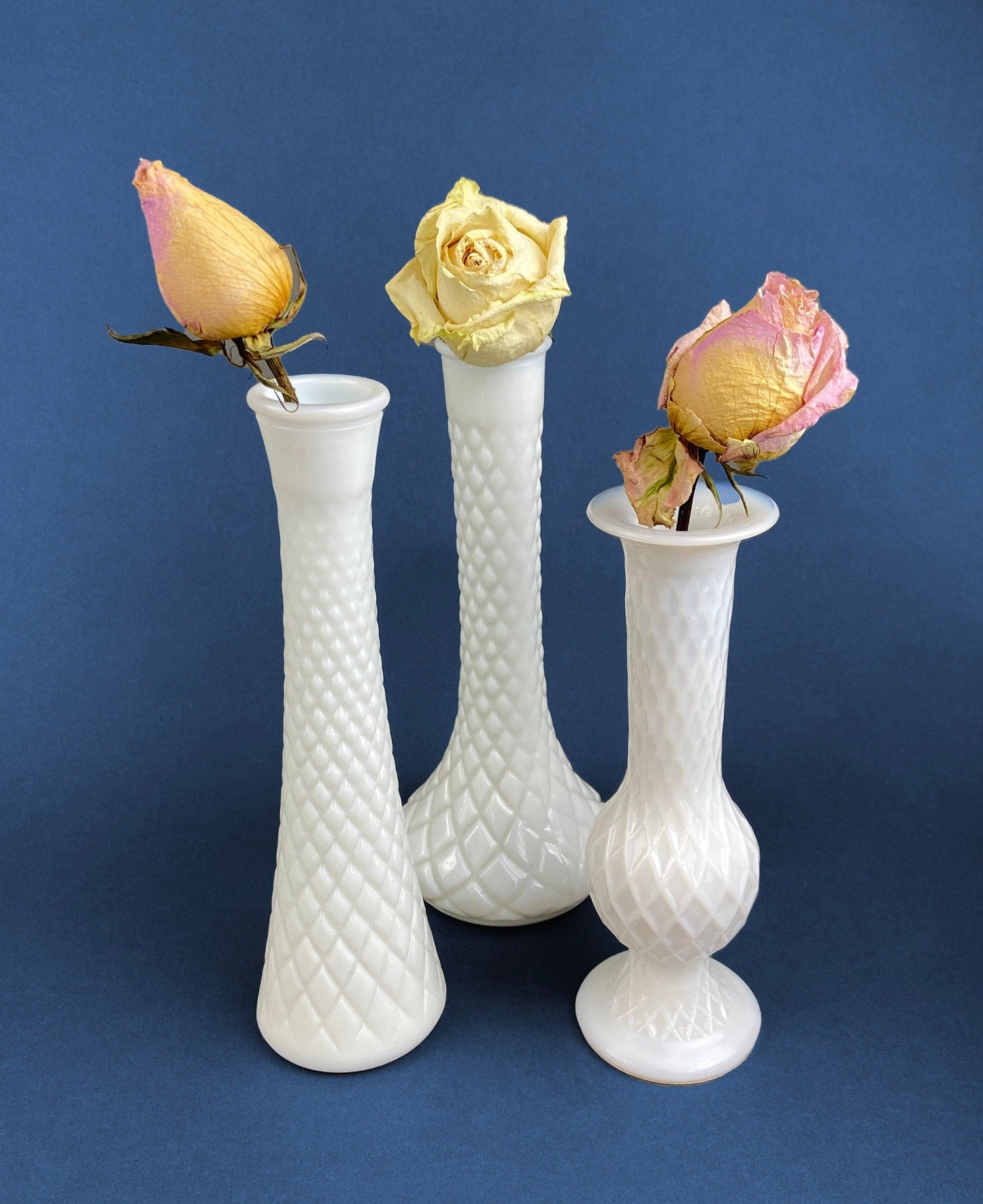 Milk Glass Vases. Collection of Three Differently Quilted & Shaped Flower Vases. Wedding Decor. Spring Celebration. White Fine Dining. Finie
