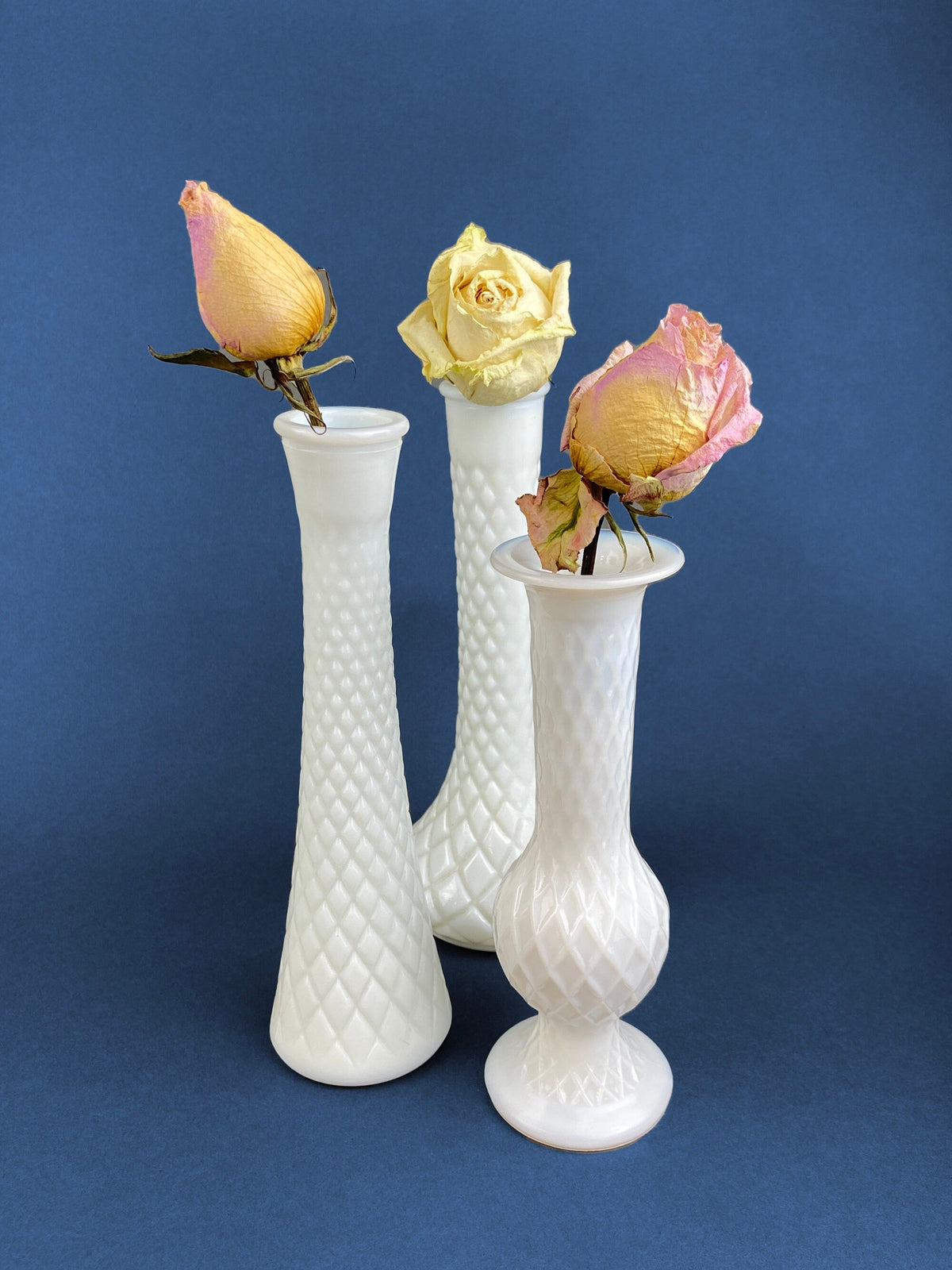 Milk Glass Vases. Collection of Three Differently Quilted & Shaped Flower Vases. Wedding Decor. Spring Celebration. White Fine Dining. Finie