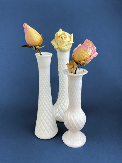 Milk Glass Vases. Collection of Three Differently Quilted & Shaped Flower Vases. Wedding Decor. Spring Celebration. White Fine Dining. Finie