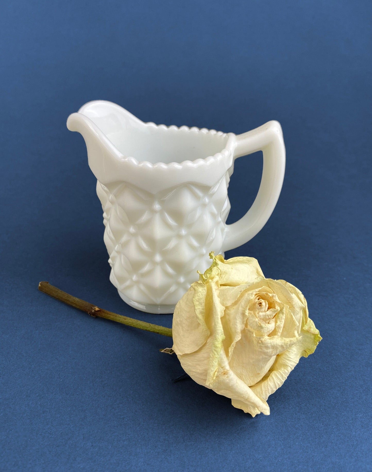 Vintage Milk Glass Creamer, Quilt Pattern Scalloped Edge
