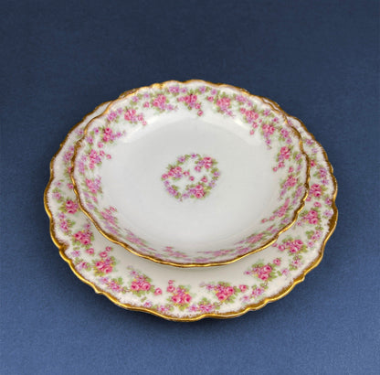 Berry Bowls by Limoges Elite. Set of Eight Berry Bowls. 5 inch Serving Bowls with Pink Roses & Scalloped Rim.