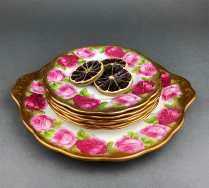 Royal Albert Set of Six Dessert Plates and One Serving Plate  with Old English Rose Pattern.  Made in England.