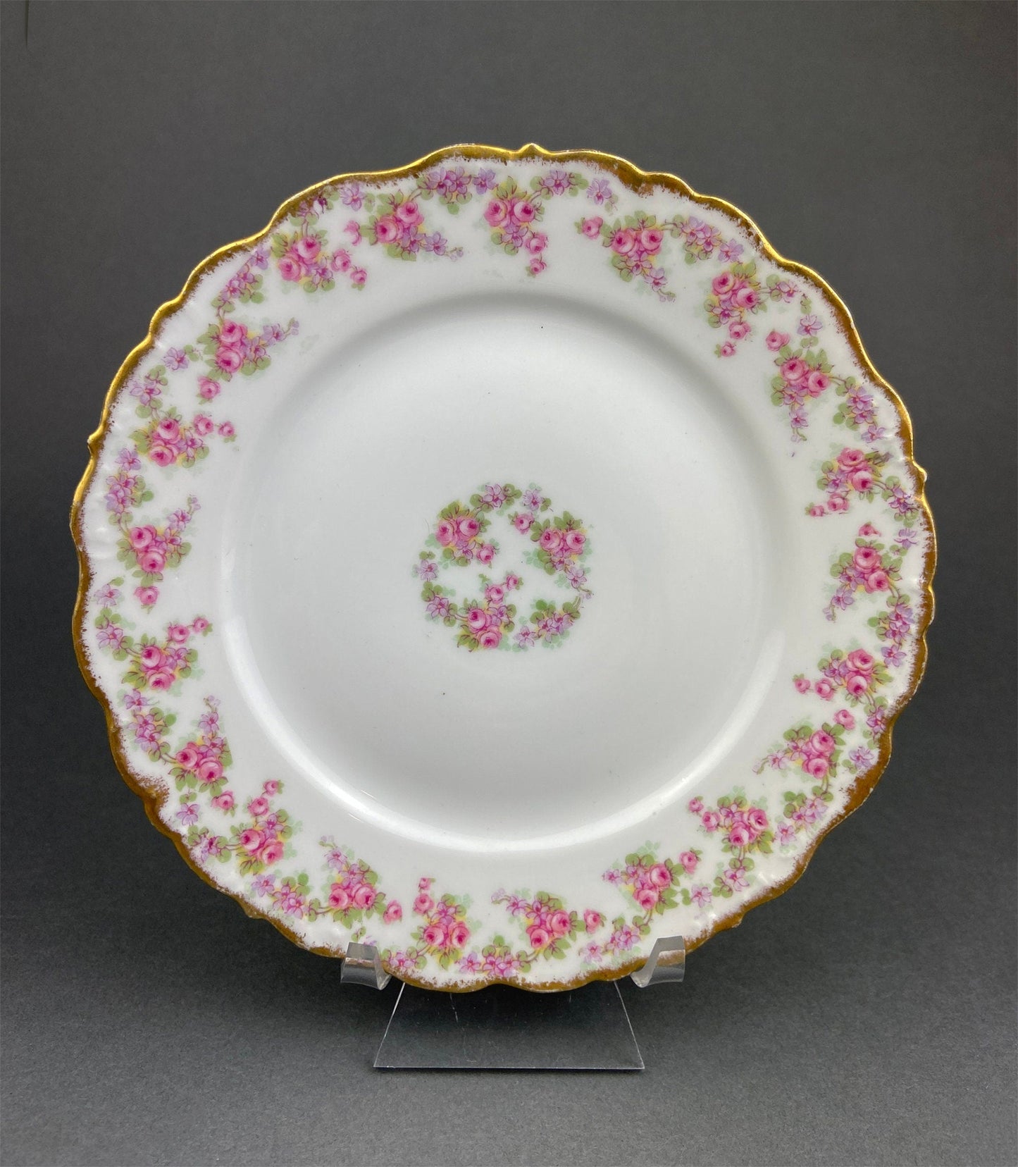 Limoges Elite Set of Five Bread, Salad, 8.75 inch Plates with Pink Roses and Scalloped Rim.  Antique Limoges Dishes.