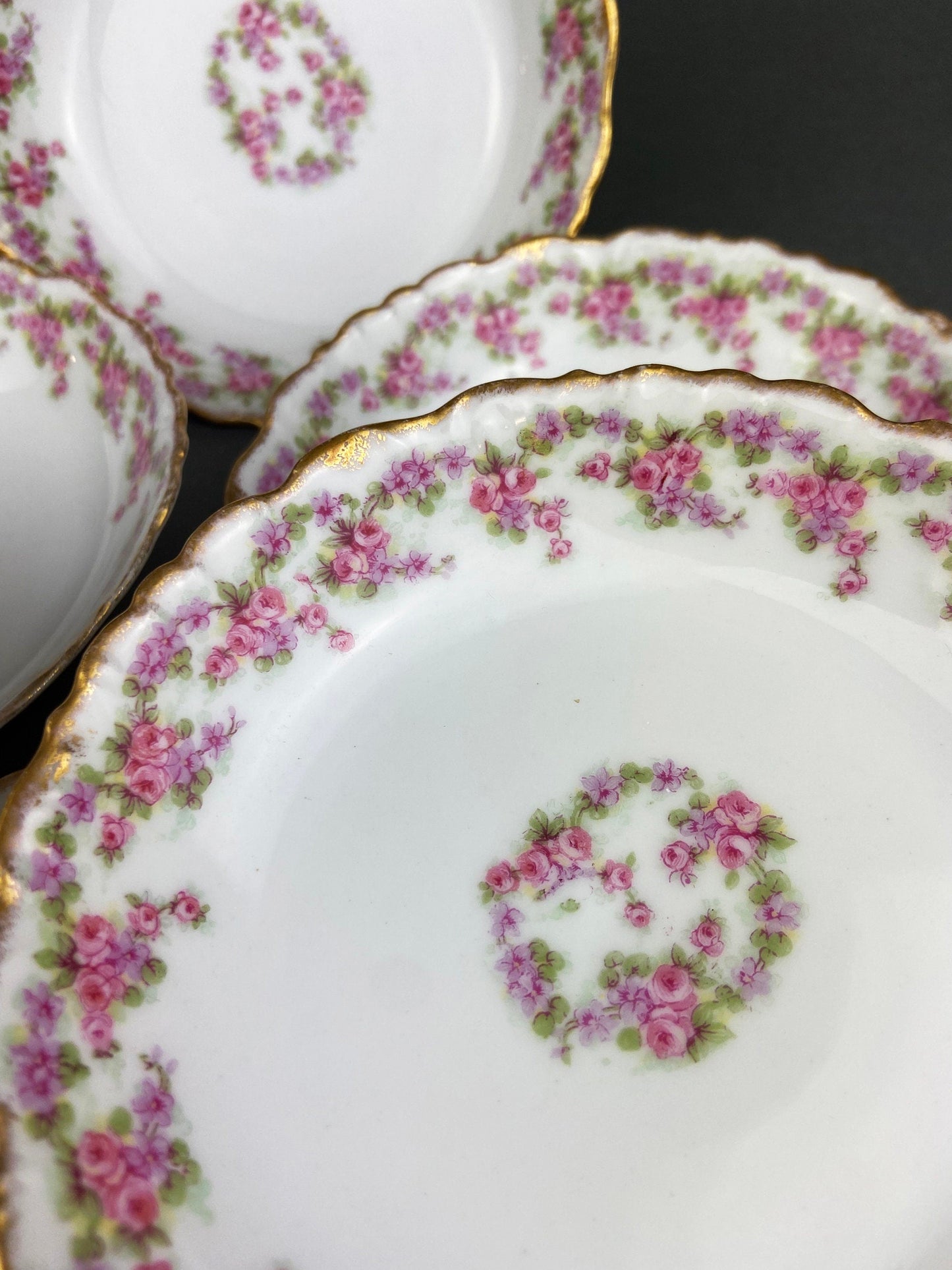 Limoges Elite Set of Five Bread, Salad, 8.75 inch Plates with Pink Roses and Scalloped Rim.  Antique Limoges Dishes.