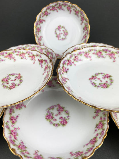 Berry Bowls by Limoges Elite. Set of Eight Berry Bowls. 5 inch Serving Bowls with Pink Roses & Scalloped Rim.